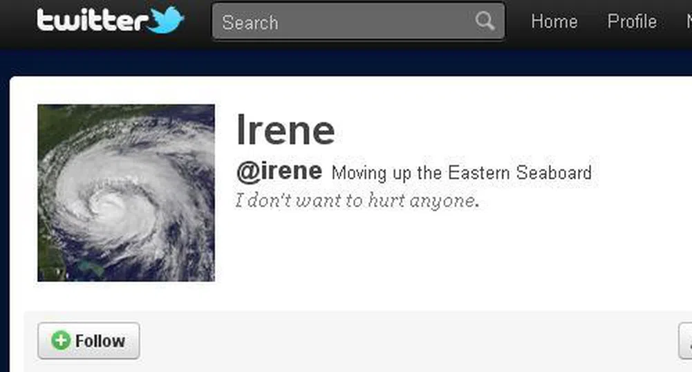 Ураганът Айрин със собствен акаунт в Twitter