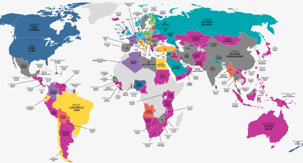 Карта показва най-популярните автомобили по страни