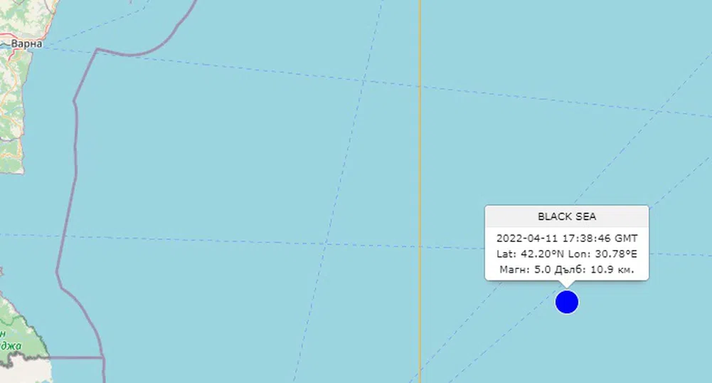 Земетресение с магнитуд 5.0 в Черно море е усетено във Варна и Бургас