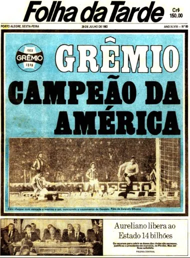 Capa de jornal Folha da Tarde reportando vitória Gremista.