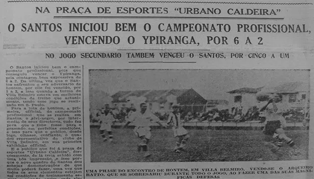 Matéria na imprensa da época falando do primeiro jogo do Santos na primeira edição do Torneio Rio-São Paulo 1933.