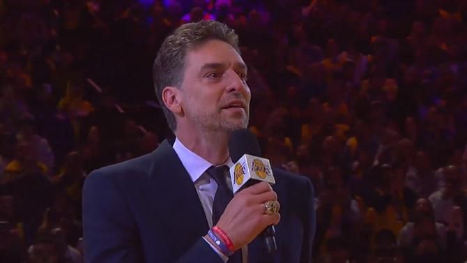 Lakers retiram camisola de Pau Gasol evocando Kobe (vídeo)