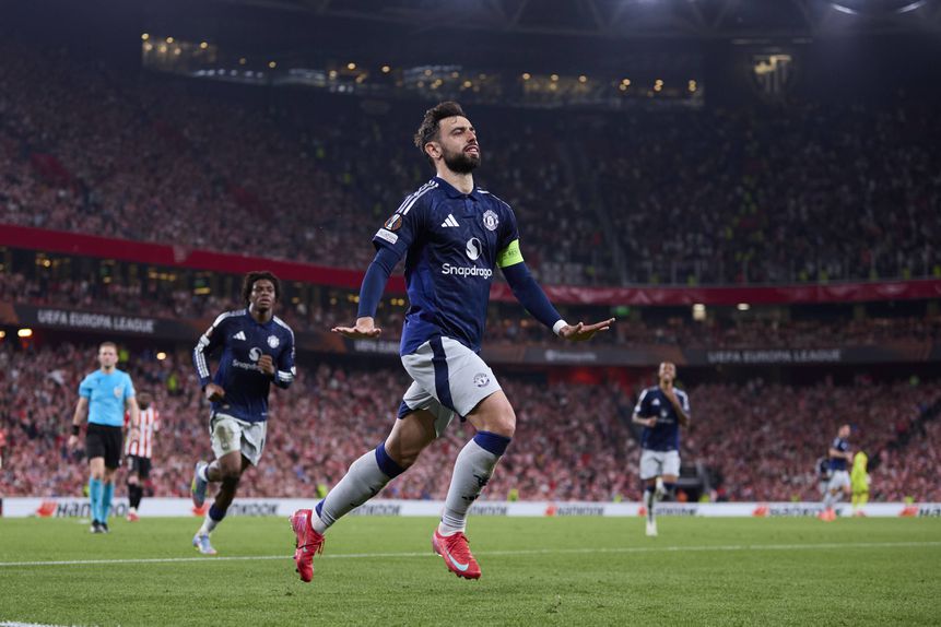 Bruno Fernandes a celebrar o primeiro de dois golos no San Mamés