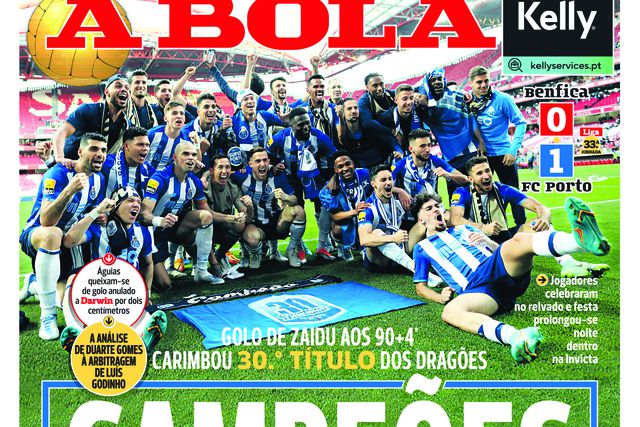 Primeira página de A BOLA de 8 de maio de 2022, última vez que o FC Porto comemorou um título