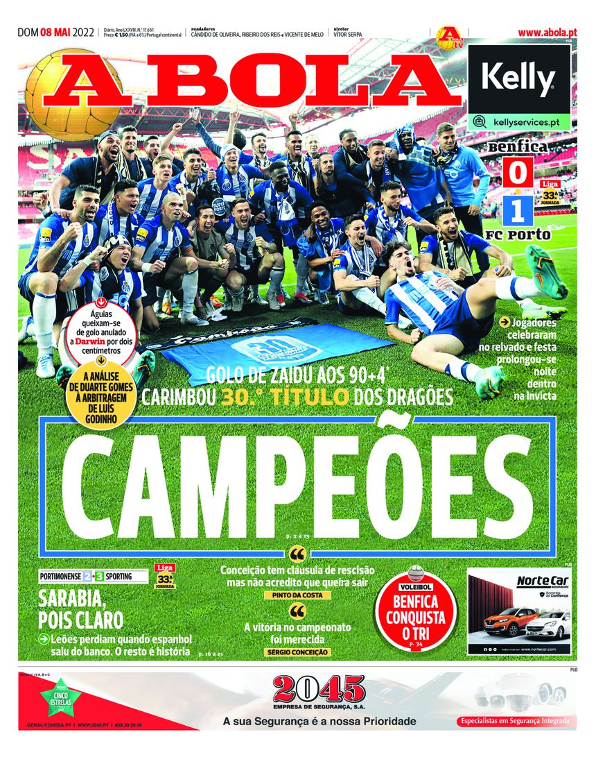 Primeira página de A BOLA de 8 de maio de 2022, última vez que o FC Porto comemorou um título