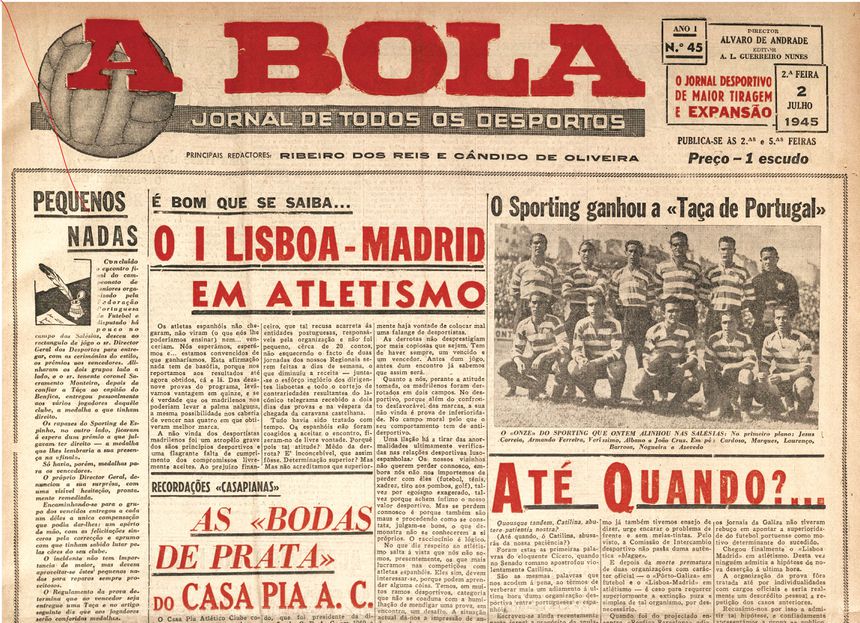 A 2 de julho de 1945, ano da fundação de A BOLA, a final da Taça de futebol estava remetida a fotos dos onzes vencdor e vencido. ARQUIVO A BOLA