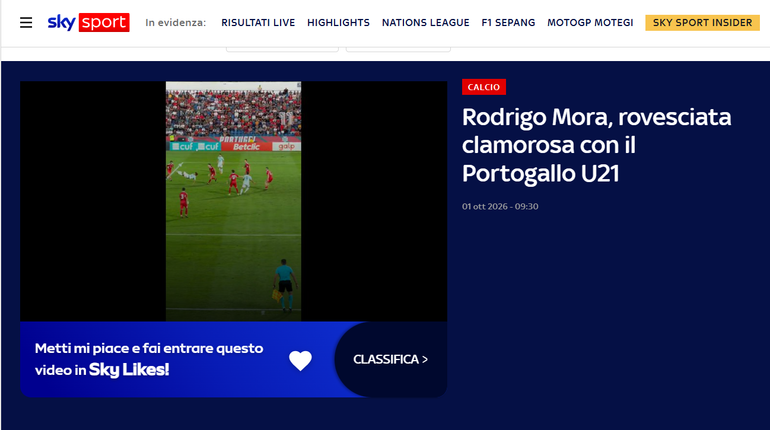 Sky - O sensacional golaço de bicicleta de Rodrigo Mora pela Seleção sub-21 de Portugal