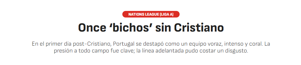 AS (Espanha): «onze 'bichos sem Cristiano». Equipa «voraz, intensa e coesa» e estratégia «mais arriscada» de Jesus destacadas pelo jornal espanhol. Portugal «sabe sorrir sem Cristiano».
