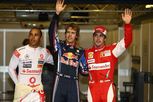 Lewis Hamilton, Sebastian Vettel e Fernando Alonso na última corrida de 2010 em Abu Dhabi