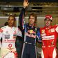 Lewis Hamilton, Sebastian Vettel e Fernando Alonso na última corrida de 2010 em Abu Dhabi