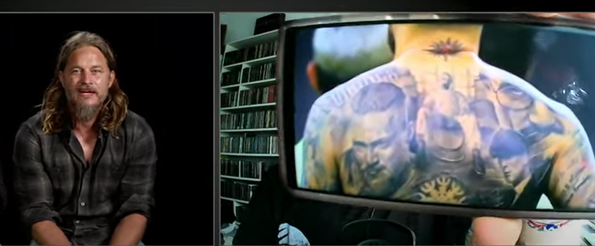 Imagem da entrevista ao ator Travis Fimmel no Youtube em que ele é confrontado com tatuagem de Otamendi