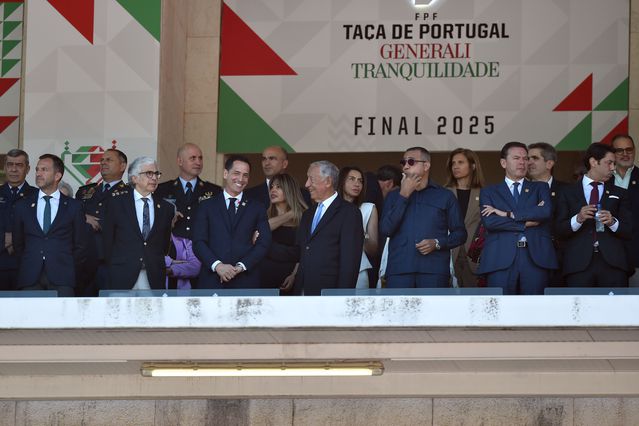 Frederico Varandas, José Pedro Aguiar Branco, Pedro Proença, Marcelo Rebelo de Sousa, Luis Montenegro e Rui Costa no Benfica - Sporting, jogo da Final da Taca de Portugal 2024/2025, Estadio Nacional, no Jamor, Oeiras. 25 de Maio de 2025. (Miguel Nunes)
