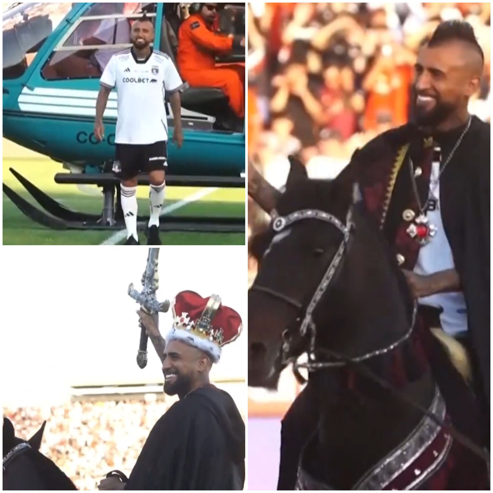 Arturo Vidal foi apresentado com pompa e circunstância no Colo Colo: chegou de helicóptero ao relvado e andou a cavalo com uma espada e uma coroa
