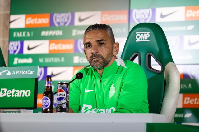 Rui Borges, treinador do Sporting, fez a antevisão do jogo com o Estoril, na sala de imprensa em Alcochete