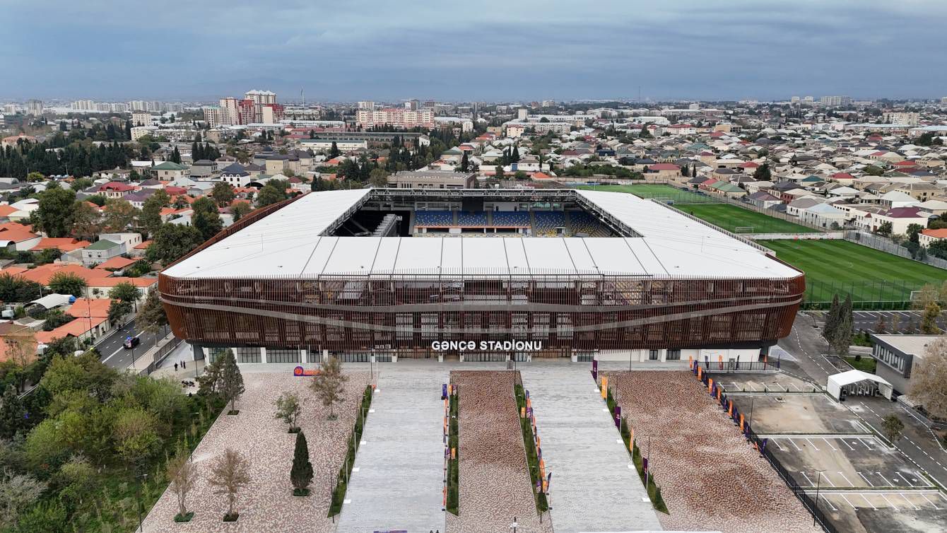 Estádio Cidade de Ganja, Ganja, Azerbaijão. 15343 lugares. Abriu em setembro de 2025. Foto president.az