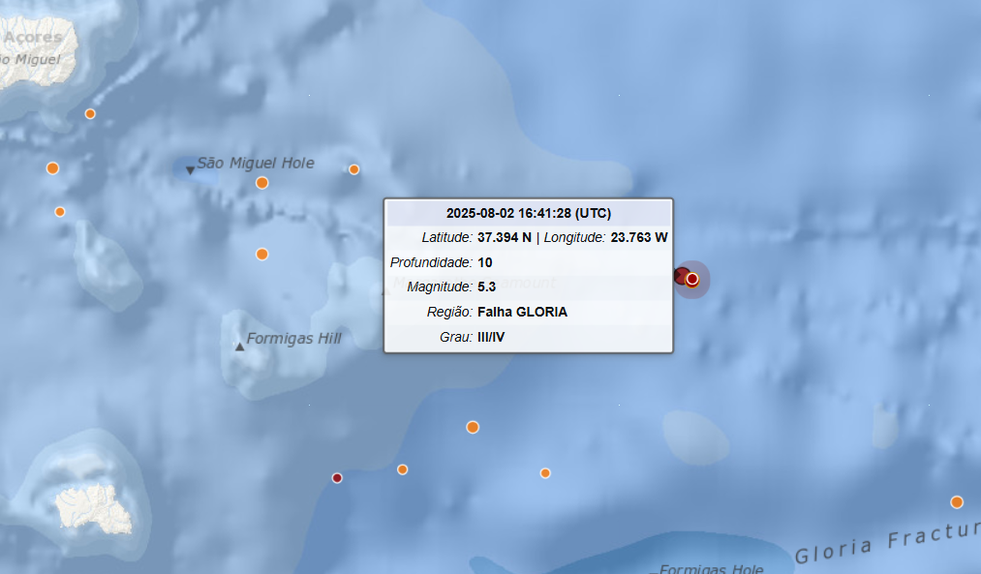 Sismo de 5,3 na escala de Richter sentido nas ilhas de São Miguel e Santa Maria, nos Açores (IPMA)