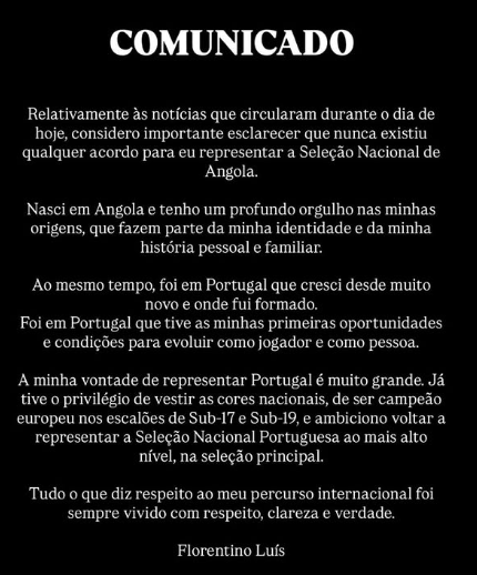 Comunicado de Florentino nas redes sociais