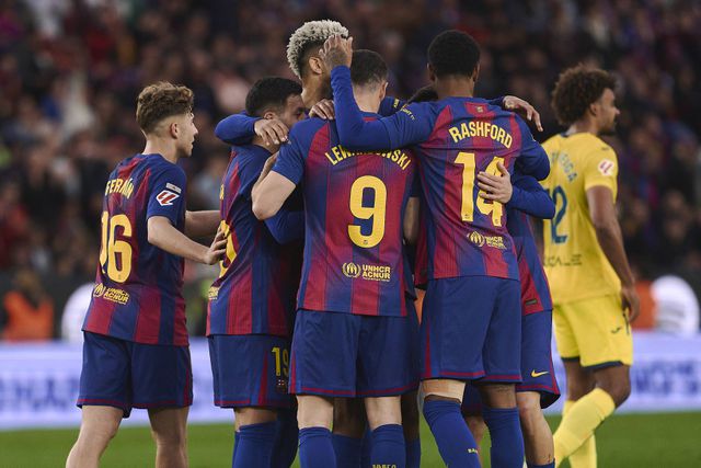 Jogadores do Barcelona a festejarem um golo em Camp Nou