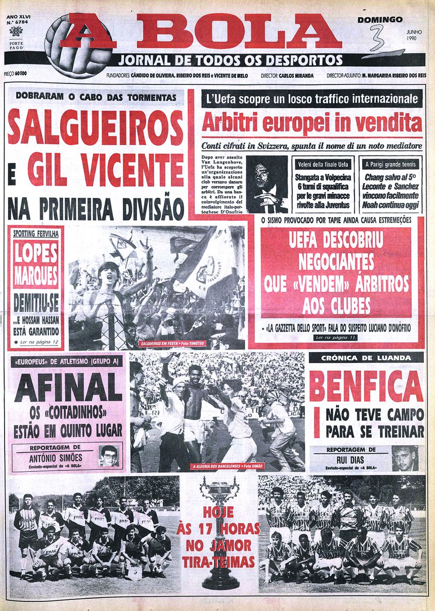 Subidas de Salgueiros e Gil Vicente ocupavam a principal mancha da primeira página há 35 anos