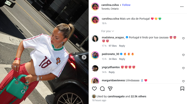 Carolina Silva esteve em Toronto a apoiar Pedro Neto e a Seleção. Foto: Instagram