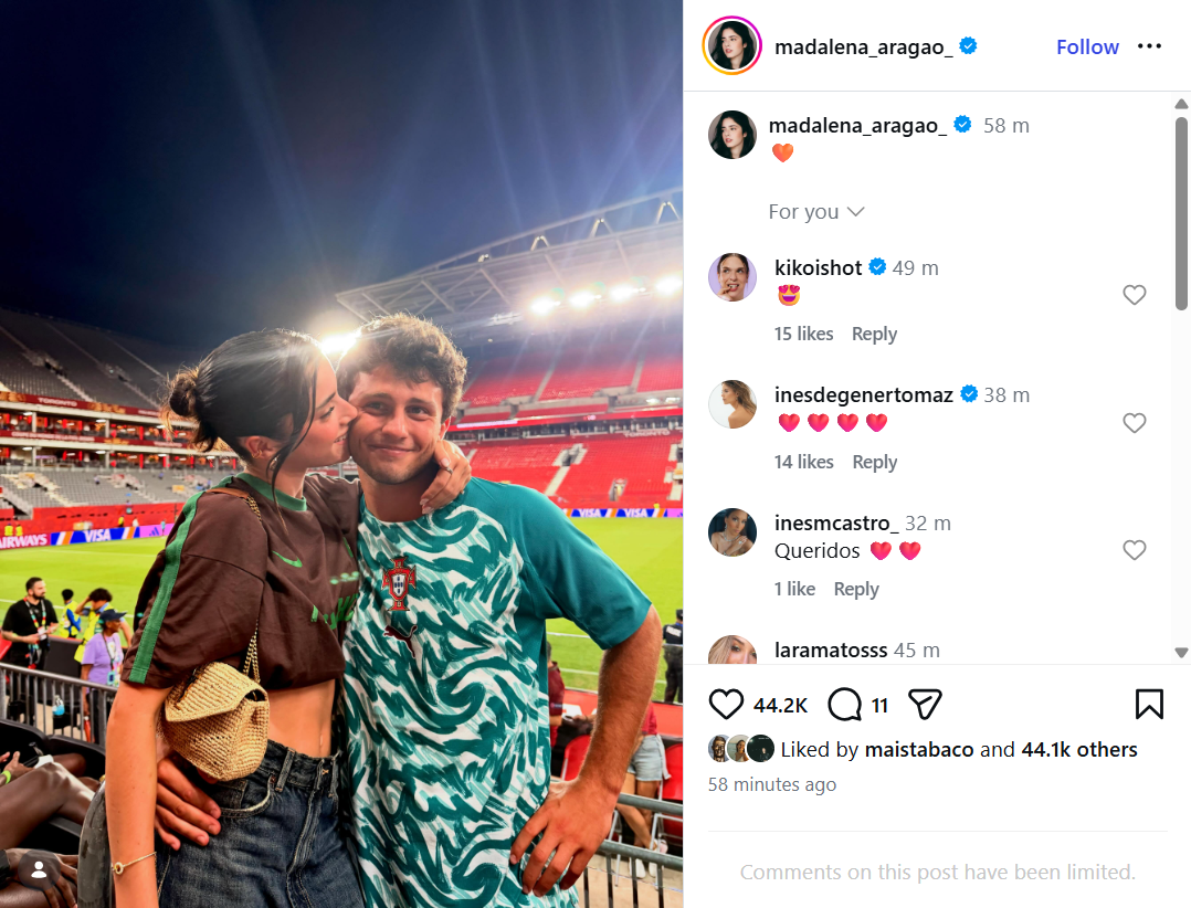 Madalena Aragão fez questão de mostrar o apoio a Portugal e a João Neves. Foto: Instagram