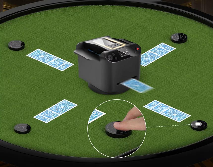 Máquina automática de baralhar e distribuir cartas em cima de uma mesa