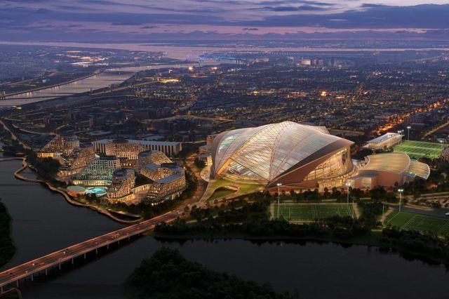 Novo estádio RFK, Washington DC, EUA. O projeto para fazer voltar os Washington Commanders, equipa da NFL, à capital tem um custo previsto de 3,2 mil milhões de euros, o que fará dele o segundo estádio mais caro de sempre. Imagem - KATO Design