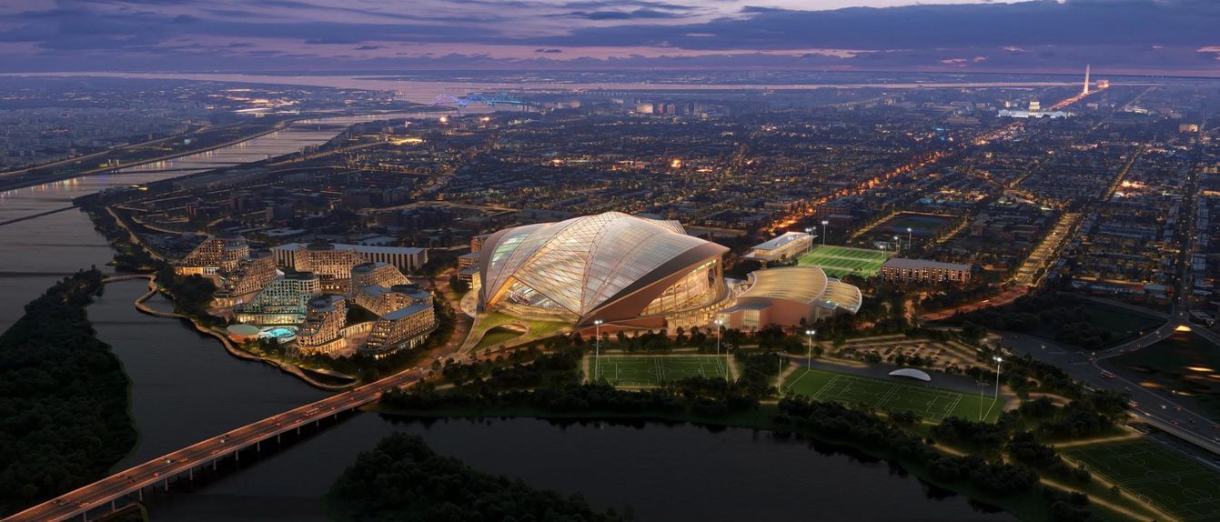 Novo estádio RFK, Washington DC, EUA. O projeto para fazer voltar os Washington Commanders, equipa da NFL, à capital tem um custo previsto de 3,2 mil milhões de euros, o que fará dele o segundo estádio mais caro de sempre. Imagem - KATO Design