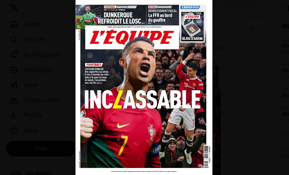 Ronaldo em destaque na primeira página do L'Équipe desta quarta-feira