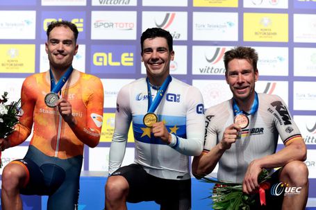 É a primeira vez que conquista o ouro no Europeu em omnium. FOTO FPC/UEC