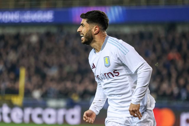Marco Asensio a celebrar o seu primeiro golo pelo Aston Villa na UEFA Champions League