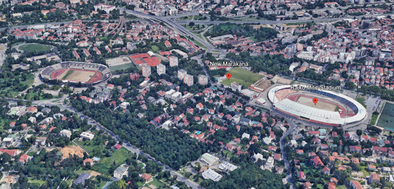 Partizan Stadium e Rajko Mitic Stadium (Google Earth)