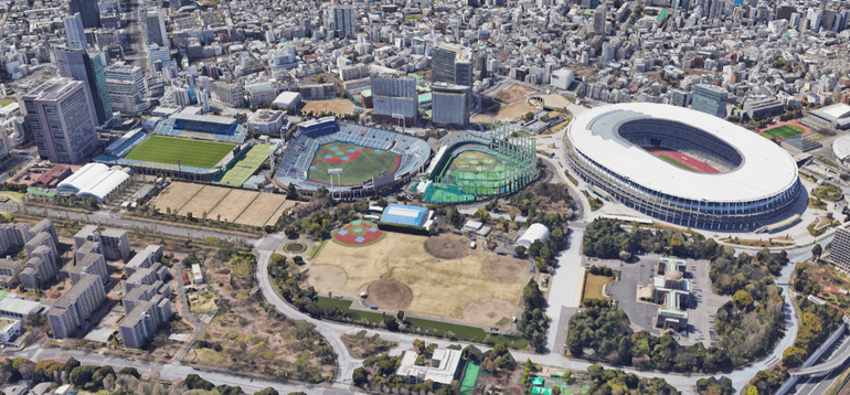Prince Chichibu Memorial Stadium, Meiji Jingu Baseball Stadium e Japan National Stadium (Google Earth)