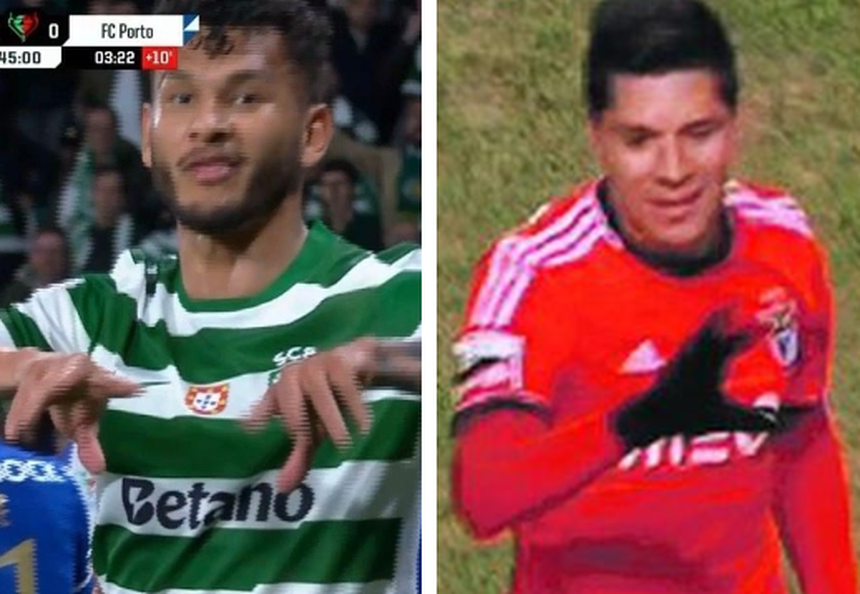 Os gestos de Luis Suárez e Enzo Pérez. O antigo médio do Benfica chegou a ser castigado - Foto: Frames RTP/BTV