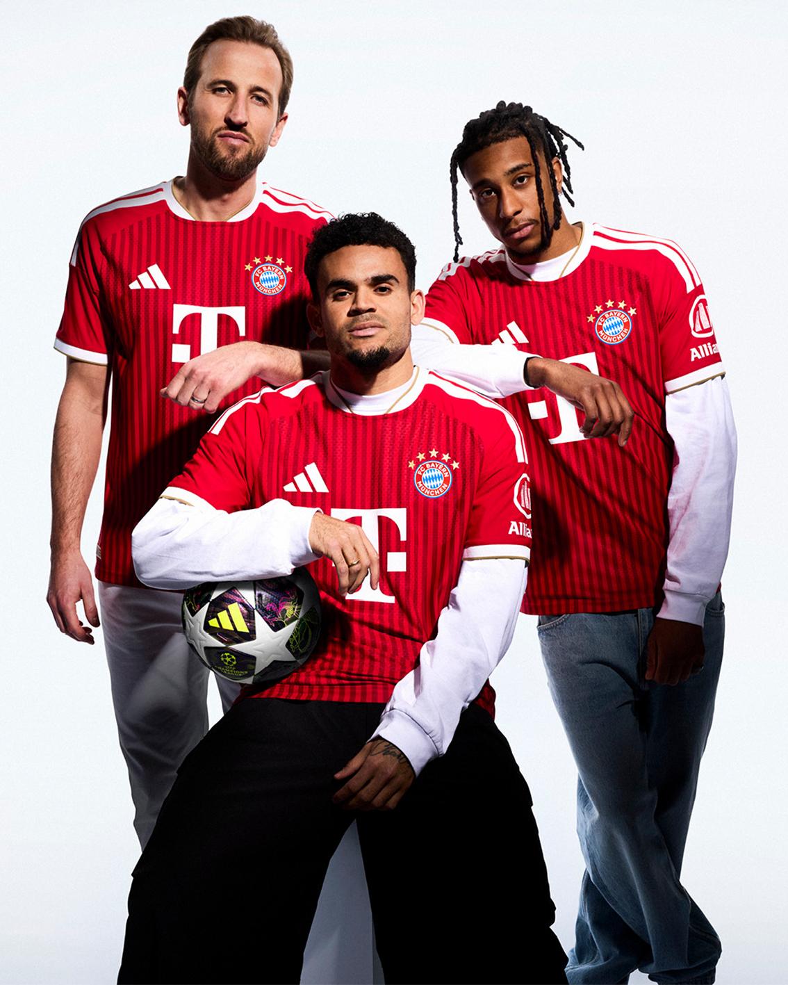 Kane, Luis Díaz e Olise mostram a nova pele dos bávaros para 2026/27 - Foto: Bayern/Adidas