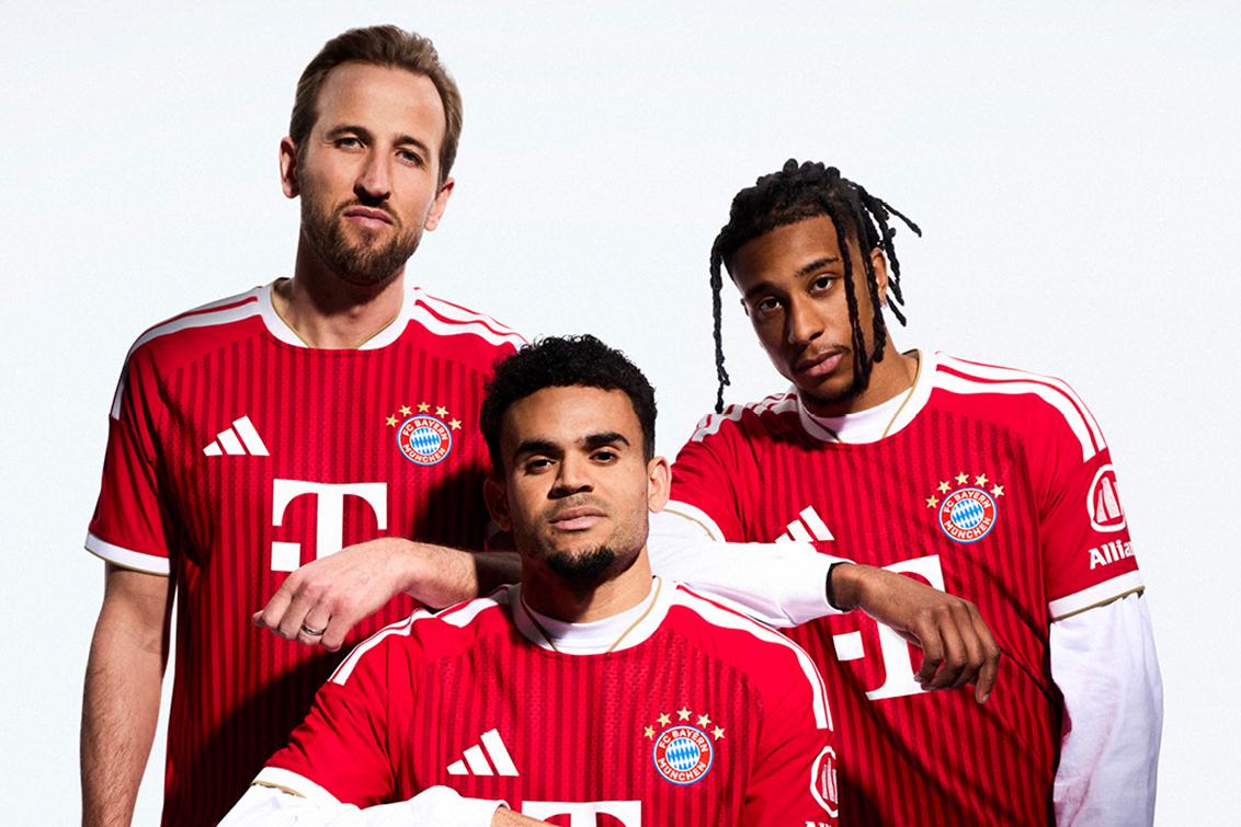 Kane, Luis Díaz e Olise mostram a nova pele dos bávaros para 2026/27 - Foto: Bayern/Adidas
