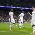 Brahim Diaz, do Real Madrid, celebra o 2-1 durante o jogo da primeira mão da UEFA Champions League 2024 25 contra o Atlético de Madrid, no Santiago Bernabéu