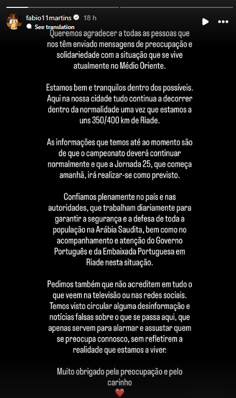 Mensagem de Fábio Martins no Instagram