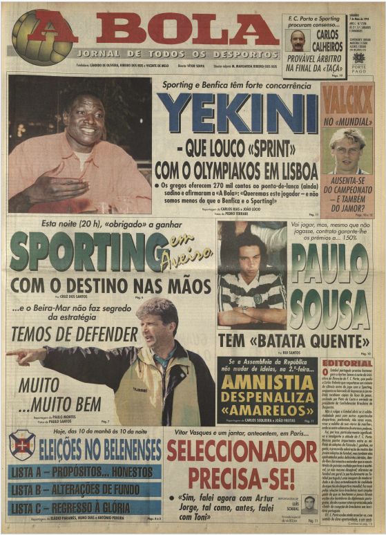 A BOLA de 7 de maio, há 31 anos, dava conta de que o avançado nigeriano estava a caminho da Grécia