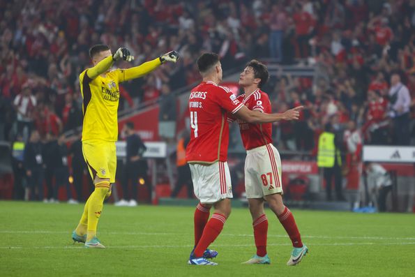 João Neves and António Silva celebrate a victory for Benfica over Sporting