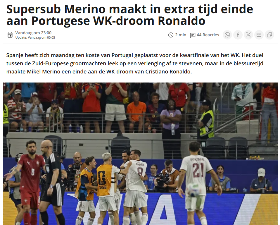 Voetbal International: «Super suplente Merino acaba com o sonho português de Ronaldo no Mundial na compensação»