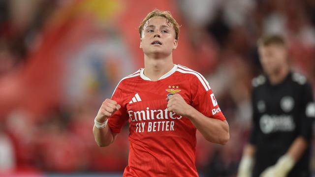 Andreas Schjelderup festeja golo marcado ao Hearts - Foto: Miguel Nunes