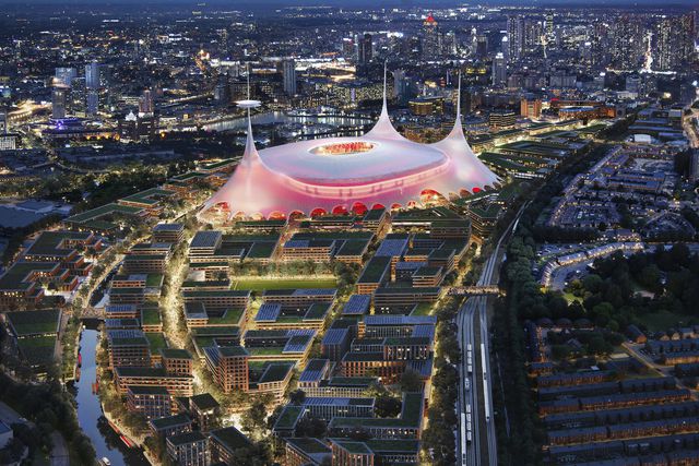 Estádio 'New Trafford', Manchester, Inglaterra. Apresentado em março, o projeto prevê a construção de um novo estádio para o Manchester United, com capacidade para 100 mil pessoas e custo de 2,25 mil milhões de euros. Imagem - Foster + Partners