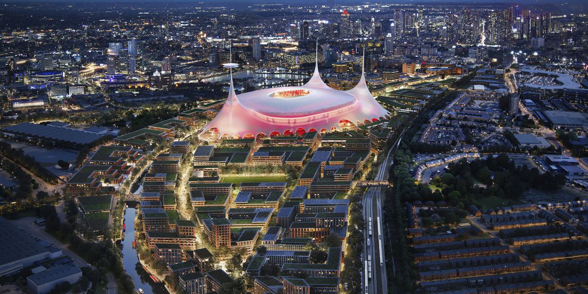 Estádio 'New Trafford', Manchester, Inglaterra. Apresentado em março, o projeto prevê a construção de um novo estádio para o Manchester United, com capacidade para 100 mil pessoas e custo de 2,25 mil milhões de euros. Imagem - Foster + Partners