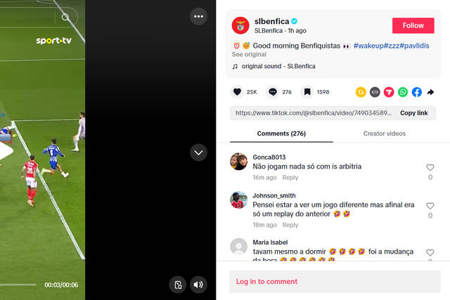 Imagem do TikTok do Benfica no segundo golo de Pavlidis