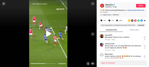 Imagem do TikTok do Benfica no segundo golo de Pavlidis