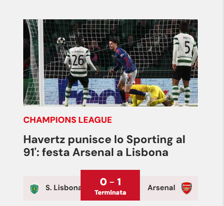 Corriere dello Sport: Havertz castiga Sporting aos 90+1'. Festa do Arsenal em Lisboa