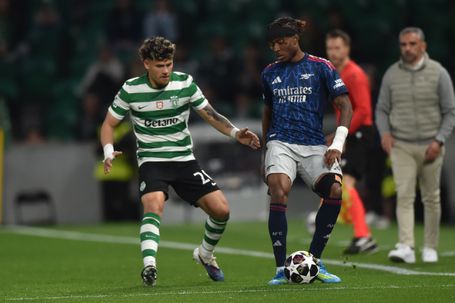 Maxi Araújo criou o primeiro momento de desequilíbrio em Alvalade, no Sporting-Arsenal da primeira mão dos quartos de final da Liga dos Campeões 2025/2026, a 7 de abril de 2026. Foto Miguel Nunes