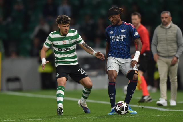 Maxi Araújo criou o primeiro momento de desequilíbrio em Alvalade, no Sporting-Arsenal da primeira mão dos quartos de final da Liga dos Campeões 2025/2026, a 7 de abril de 2026. Foto Miguel Nunes