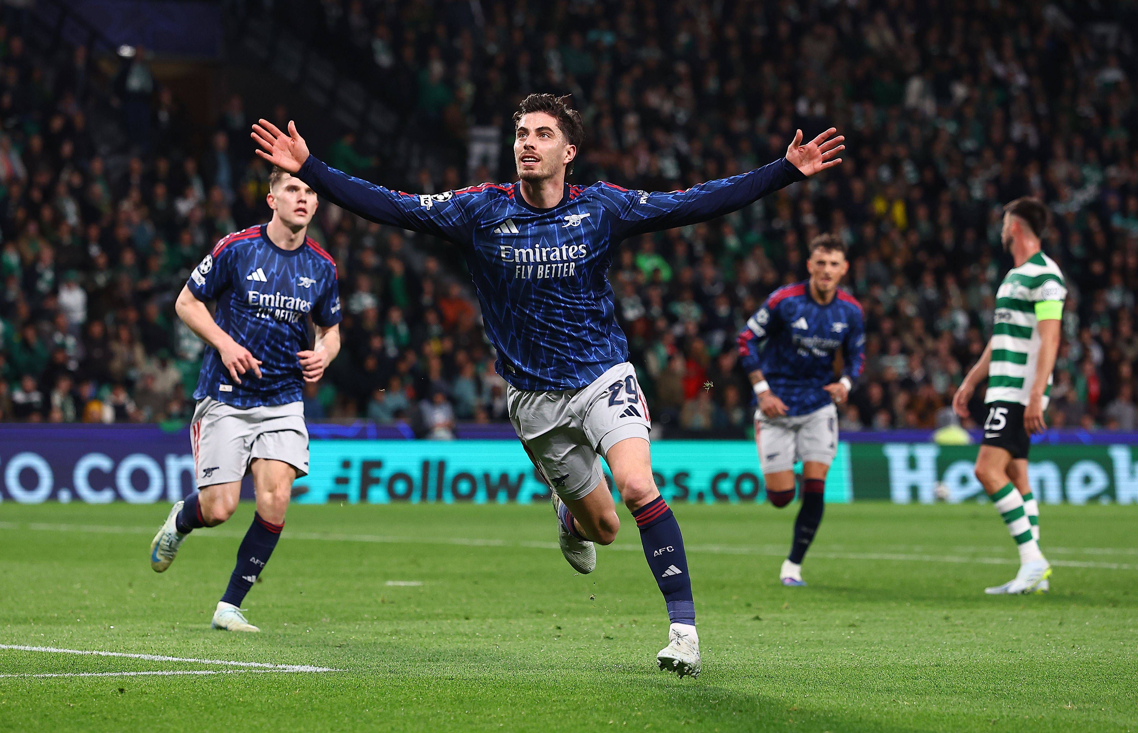 Festejos de Havertz após marcar ao Sporting em Alvalade